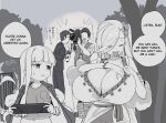  2girls bag breasts closed_eyes english_text hand_on_own_chest handbag highres huge_breasts jacket jacket_on_shoulders long_hair looking_at_another magister monochrome multiple_girls nintendo_switch_2 open_mouth original pandora_smith_(magister) shiratama_liliana_(magister) shirt sleeveless sleeveless_shirt small_breasts small_sweatdrop smile speech_bubble tv_camera very_long_hair 
