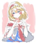  1girl adapted_costume alice_margatroid blonde_hair blue_dress blue_eyes blush breasts capelet cleavage closed_mouth collarbone commentary dondyuruma dress four-finger_heart_hands frilled_hairband frills hairband heart heart_hands lolita_hairband looking_at_viewer off-shoulder_dress off_shoulder red_hairband solo touhou white_capelet 
