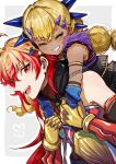  1boy 1girl absurdres aged_down ahoge blonde_hair carrying chin_piercing closed_eyes dark-skinned_female dark_skin face_piercing fate/grand_order fate_(series) grin highres iris_(tb33064667) long_hair multi-tied_hair piercing piggyback rama_(fate) red_eyes red_hair smile vritra_(fate) 