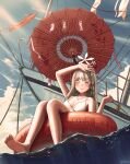  1girl absurdres arm_up bare_arms bare_legs bare_shoulders barefoot bikini blue_archive blush braid closed_mouth food food_in_mouth hair_ornament halo highres holding holding_skewer looking_at_viewer nagusa_(blue_archive) nagusa_(swimsuit)_(blue_archive) one_eye_closed s99g single_braid sitting skewer snowflake_hair_ornament soles solo swim_ring swimsuit white_bikini white_eyes white_hair white_halo yakitori 