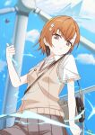  1girl absurdres artistic_error assault_rifle blue_archive blue_halo blue_sky breasts brown_eyes brown_hair brown_sweater_vest bullpup closed_mouth cloud coin commentary day electricity electrokinesis fn_f2000 gekota grey_skirt gun hair_ornament hairpin halo highres lightning_bolt_symbol looking_at_viewer medium_hair misaka_mikoto outdoors pleated_skirt railing rifle school_emblem school_uniform shirt short_hair skirt sky small_breasts solo standing summer_uniform sweater_vest toaru_kagaku_no_railgun toaru_majutsu_no_index tokiwadai_school_uniform weapon white_shirt wind_turbine yvrjcgmyev81 