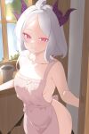  1girl absurdres aged_up ahoge apron blue_archive blush breasts demon_girl demon_horns demon_wings doodle_sensei_(blue_archive) highres hina_(blue_archive) horns indoors long_hair looking_at_viewer naked_apron purple_eyes sensei_(blue_archive) short_hair small_breasts smile solo standing stasyafelix white_hair wings 