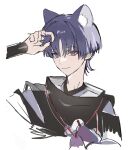  1boy animal_ear_fluff animal_ears armor black_sleeves blunt_ends bright_pupils cat_boy cat_ears closed_mouth clothing_cutout cropped_torso disembodied_hand eyeliner eyeshadow genshin_impact highres japanese_armor japanese_clothes kariginu kimono kote kurokote kuronushi_(genshin_impact) lavender_melon_(genshin_impact) layered_sleeves long_neck looking_at_viewer makeup male_focus purple_eyes purple_hair purple_kimono purple_sleeves red_eyeliner red_eyeshadow scaramouche_(genshin_impact) shoulder_cutout sketch smile solo string tsurime ttt_rr4 white_background white_pupils wispy_bangs 