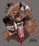 2013 anthro blood_on_tongue brown_body brown_fur brown_hair brown_nose bust_portrait chumbasket dated ear_piercing ear_ring fangs fur grey_background hair hi_res hybrid hyena male male_anthro mammal mustelid narrowed_eyes open_mouth otter piercing portrait ring_piercing short_hair signature simple_background solo teeth tongue tongue_out whiskers yellow_eyes