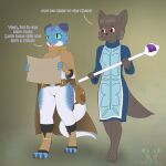  1:1 absurd_res accessories_only accessory anthro artfight artfight2025 bag blue_body blue_scales brown_body brown_fur canid canine clothing dialogue duo english_text featureless_crotch female fox fur furgonomics green_eyes hi_res hooded_cloak jm-luxro kaeya_(jmluxro) kobold long_tail male mammal pupils red_eyes scales scalie slit_pupils staff tail tail_accessory tail_bag text thick_thighs white_body white_scales 