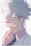  1boy adam&#039;s_apple cigarette collared_shirt gintama glasses hair_between_eyes highres hisknn looking_at_viewer male_focus mouth_hold orange_eyes pink_shirt sakata_gintoki shirt simple_background smoking solo upper_body white_background white_hair 