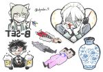  2girls 4boys ai_the_somnium_files ai_the_somnium_files:_nirvana_initiative alcohol beer beer_mug bisected black_eyes black_hair blood blood_on_face blood_on_weapon closed_mouth cup drunk enda_yoneharu fusion gebodyabo glasses heterochromia highres horadori_chikara ice_pick low_twintails mug multiple_boys multiple_girls open_mouth ryuki_kuruto sagan_iris sejima_saito sejima_sou shigure_tokiko simple_background smile sparkle spoilers twintails vase weapon white_background yandere_trance 