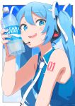  1girl absurdres blue_eyes blue_hair blue_nails blue_shirt bottle breasts collared_shirt commentary commentary_request csham hair_ribbon hatsune_miku highres holding holding_bottle long_hair looking_at_viewer necktie open_mouth plastic_bottle pocari_sweat ribbon shirt sleeveless sleeveless_shirt small_breasts smile solo sweat tattoo teeth twintails upper_body upper_teeth_only vocaloid water_bottle white_necktie white_ribbon 