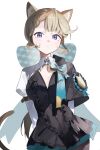  1girl absurdres animal_ears aqua_bow arms_behind_back black_leotard black_pantyhose bow cat_ears cat_girl cat_tail frilled_leotard frills genshin_impact grey_hair hair_bow highres leotard long_sleeves looking_at_viewer lynette_(genshin_impact) pantyhose purple_eyes shuxiuxiao solo tail upper_body white_background 