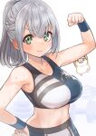  1girl 1other @-you_(you_2023_8_16) blush braid breasts commentary_request dan&#039;in-san_(shirogane_noel) exercising flexing green_eyes grey_hair hair_between_eyes hamster hand_on_own_hip highres hololive large_breasts looking_at_viewer midriff ponytail puffy_cheeks shirogane_noel simple_background sports_bra sportswear sweat upper_body virtual_youtuber weightlifting weights white_background wrist_cuffs 