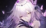  1girl absurdres bow bright_pupils bug butterfly castorice_(honkai:_star_rail) commentary english_commentary flower gloves hair_between_eyes hair_bow hair_flower hair_ornament hand_on_another&#039;s_shoulder highres honkai:_star_rail honkai_(series) long_hair parted_lips pink_flower portrait purple_bow purple_butterfly purple_eyes purple_flower purple_gloves purple_hair purple_theme renoahh solo white_pupils 