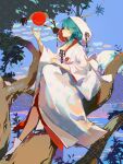  1girl absurdres blue_eyes blue_hair character_request copyright_request from_side hair_bun highres hood hood_up japanese_clothes kimono long_hair looking_at_viewer open_mouth sitting sitting_on_branch solo twice12314 white_kimono 