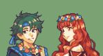  1boy 1girl alm_(fire_emblem) alm_(valentine)_(fire_emblem) bandana celica_(fire_emblem) celica_(valentine)_(fire_emblem) couple fire_emblem fire_emblem_echoes:_shadows_of_valentia fire_emblem_heroes flower flower_necklace glaceo green_eyes green_hair happy_valentine head_wreath hetero long_hair official_alternate_costume pixel_art prince princess red_eyes red_hair short_hair valentine 