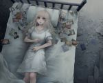  bangs bed bed_sheet blonde_hair blue_eyes blunt_bangs cat commentary dreaming dress empty_eyes lying on_back original parted_lips photo_(object) pillow puffy_short_sleeves puffy_sleeves ruins short_sleeves solo white_dress yajirushi_(chanoma) 