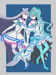  2girls :o absurdly_long_hair absurdres aqua_bow aqua_bowtie aqua_hair aqua_hat aqua_thighhighs bag_bow bare_shoulders blue_background blue_bow blue_bowtie blue_brooch blue_choker blue_crown blue_eyes blue_shoes blue_sleeves blunt_bangs blunt_ends border bow bow_choker bow_legwear bowtie brooch choker closed_mouth clothing_cutout collarbone crown cure_lillian cure_nyammy dress expressionless eyelashes feather-trimmed_sleeves floating_hair frilled_arm_warmers frilled_thigh_strap full_body fur-trimmed_headwear fur_trim green_brooch grey_border grey_hair grey_hairband hair_bow hairband hand_on_own_hip hat hat_bow heart heart_brooch high_heels high_side_ponytail highres holding_hands jewelry lace-trimmed_dress lace_trim long_hair looking_at_another madofuki magical_girl mini_crown mini_hat mini_top_hat multicolored_bow multiple_girls nekoyashiki_mayu nekoyashiki_yuki outside_border parted_lips pink_bow pink_eyes precure pumps shoes short_dress short_sleeves shoulder_cutout single_stripe smile standing straight_hair striped_bow striped_bowtie striped_clothes striped_sleeves thigh_strap thighhighs top_hat tsurime very_long_hair waist_bag wavy_hair white_arm_warmers white_bag white_dress white_thighhighs wonderful_precure! 
