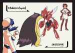  2girls blue_hair boots commentary_request copyright_name dated earrings flipped_hair gloves hand_up hat highres holding holding_poke_ball jacket jewelry kris_(pokemon) logo long_sleeves multiple_girls nanndana poke_ball poke_ball_(basic) pokemon pokemon_battle pokemon_gsc scizor signature skirt standing team_rocket team_rocket_grunt team_rocket_uniform thigh_boots twintails typhlosion white_hat white_jacket white_skirt 