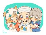  3boys beanie blonde_hair blue_eyes blue_jumpsuit blush braid chibi chibi_only commentary_request dixie_cup_hat earrings family green_eyes grey_hair hair_between_eyes hair_ornament hat heart_ornament higashikata_josuke_(jojolion) highres hood hood_down hoodie horseshoe_hat_ornament horseshoe_ornament jewelry jodio_joestar johnny_joestar jojo_no_kimyou_na_bouken jojolion jumpsuit long_bangs male_focus medium_hair military_hat multicolored_eyes multiple_boys open_mouth purple_eyes rairack777 red_arm_warmers sailor sailor_collar sailor_hat shirt side_braid star_(symbol) star_hair_ornament star_print steel_ball_run the_jojolands time_paradox two-tone_eyes white_hat white_hoodie white_sailor_collar white_shirt wristband 