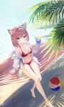  1girl animal_ears babupipi ball bare_legs bare_shoulders barefoot beachball bikini bluedok_(o-ni) breasts brown_hair cat_ears cleavage closed_mouth cup drinking_glass hammock highres holding holding_cup indie_virtual_youtuber long_sleeves looking_at_viewer medium_breasts navel off_shoulder open_clothes open_shirt red_bikini red_eyes shirt short_hair side-tie_bikini_bottom smile solo stomach string_bikini swimsuit thighs virtual_youtuber white_shirt 