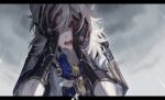  1boy albedo_(genshin_impact) black_gloves blonde_hair blue_shirt brown_gloves coat collared_shirt commentary covering_own_eyes crying genshin_impact gloves hair_between_eyes hands_up highres hood hood_down hooded_coat letterboxed male_focus march_rly medium_hair open_clothes open_coat open_mouth outdoors overcast parted_bangs primordial_albedo rain shirt short_sleeves sky solo symbol-only_commentary tears teeth two-tone_gloves upper_body vision_(genshin_impact) wet white_coat 