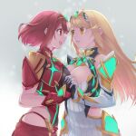  2girls blonde_hair breasts highres hip_vent large_breasts long_hair multiple_girls mythra_(xenoblade) pyra_(xenoblade) red_eyes red_hair short_hair xenoblade_chronicles_(series) xenoblade_chronicles_2 yazwo yellow_eyes 