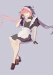  1boy absurdres alternate_costume apron astolfo_(fate) astolfo_(saber)_(fate) black_gloves block_heels bow brown_shoes buttons cleavage_cutout clothing_cutout crossdressing dress fate/apocrypha fate/grand_order fate_(series) frilled_dress frills full_body gloves grey_background hair_bow half-heart_hands highres invisible_chair just_we maid maid_apron maid_headdress male_focus male_maid one_eye_closed pink_eyes pink_hair shoes simple_background sitting solo trap twintails 