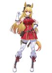  1girl absurdres animal_ears armband belt belt_pouch blonde_hair boots bow bowtie breasts brown_eyes brown_hat buttons commentary cosplay double-breasted dress ear_covers full_body gloves gold_ship_(umamusume) gold_ship_(umamusume)_(cosplay) grin hair_between_eyes hair_bow hand_on_own_hip hat high_heel_boots high_heels highres hololive hololive_indonesia horse_ears horse_girl horse_tail kaela_kovalskia large_breasts lips long_hair looking_at_viewer pantyhose pillbox_hat pointing pointing_at_self pointing_with_thumb pouch raikkonen red_bow red_bowtie red_dress red_eyes short_dress sidelocks simple_background sleeveless sleeveless_dress smile solo standing straight_hair tail taut_clothes taut_dress teeth tight_clothes umamusume virtual_youtuber white_background white_boots white_gloves 