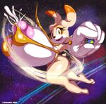  2024 absurd_res anthro big_breasts bikini bodily_fluids breasts clothing cream_the_rabbit female generalgodzilla gloves handwear hi_res huge_breasts lactating lagomorph leporid macro mammal planet rabbit sega solo sonic_the_hedgehog_(series) space swimwear two-piece_swimsuit yellow_eyes 