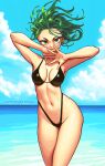  1girl arms_up bikini black_bikini blue_sky breasts closed_mouth cloud cowboy_shot day floating_hair green_eyes green_hair gxthebatman highleg highleg_bikini highres looking_at_viewer medium_breasts navel ocean one-punch_man open_hands outdoors own_hands_together short_hair sky smile solo stomach swimsuit tatsumaki thighs v-shaped_eyebrows water wide_hips 