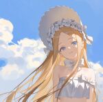  1girl abigail_williams_(fate) abigail_williams_(swimsuit_foreigner)_(third_ascension)_(fate) absurdres bare_shoulders bikini blonde_hair blue_eyes blue_sky bonnet bow cloud cloudy_sky day fate/grand_order fate_(series) forehead hair_bow highres long_hair looking_at_viewer open_mouth outdoors parted_bangs sha_ka_kou_minika sidelocks sky smile solo strapless strapless_bikini swimsuit upper_body white_bikini white_bow 