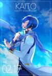  1boy absurdres anniversary belt belt_buckle black_belt blue_eyes blue_hair blue_nails blue_pants blue_scarf blue_wrist_cuffs blush buckle character_name commentary dated from_side headset highres jacket kaito_(vocaloid) kaito_(vocaloid3) light_particles looking_up maima_(rrs_0222) male_focus open_mouth pants scarf short_hair smile solo teeth upper_body upper_teeth_only vocaloid white_jacket wrist_cuffs 