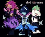  animal_ears aqua_skin blue_skin colored_skin colored_teeth colored_tips deltarune fingerless_gloves gloves goat_boy goat_ears green-framed_eyewear hair_over_eyes highres horns kris_(dark_world)_(deltarune) kris_(deltarune) kris_(lightners_live)_(deltarune) mohawk multicolored_hair nikorashi-ka pink_horns purple_hair ralsei_(lightners_live) reptile_girl silver_chain skull_belt sleeveless_vest sparkling_clothes streaked_hair susie_(dark_world)_(deltarune) susie_(deltarune) susie_(lightners_live)_(deltarune) white_fur white_streaks yellow_teeth 