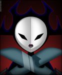  2017 aku ashi assassin cartoon_network daughters_of_aku female horn humanoid mask melee_weapon not_furry red_background samurai_jack simple_background solo verona7881 weapon 