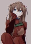  1girl :/ blue_eyes bodysuit breasts hand_on_own_chin highres interface_headset_(evangelion) long_hair looking_at_viewer mecha_pilot_suit neon_genesis_evangelion plugsuit_(evangelion) red_bodysuit red_hair saixillust solo souryuu_asuka_langley 