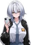  1girl absurdres aldided black_jacket breasts cellphone collared_shirt commentary english_commentary grey_necktie grey_skirt highres holding holding_phone hood hooded_jacket indonesian_high_school_uniform jacket large_breasts necktie open_clothes open_jacket original phone school_uniform shadow shirt shirt_tucked_in simple_background skirt smartphone solo white_background white_hair white_shirt yellow_eyes 