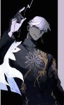  1boy black_background black_gloves blue_eyes colored_skin dark-skinned_male dark_skin earrings fate/grand_order fate_(series) gloves grey_skin highres indra_(fate) jewelry kkh_tool lightning_bolt_facial_mark looking_at_viewer male_focus open_mouth shirt short_hair smile solo upper_body white_hair 