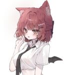  1girl animal_ears black_choker black_necktie bow breasts cat_ears choker collared_shirt crop_top hair_bow hair_ornament hairclip half_updo hand_up heart heart_choker highres looking_at_viewer medium_breasts midriff mini_wings necktie ooya00ya open_mouth pingdori_(vrchat) red_eyes red_hair second-party_source shirt short_hair short_sleeves simple_background smile solo upper_body vrchat whiskers white_background white_shirt wings 