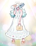  1girl absurdres artist_request bag bare_arms bare_shoulders blush bow bracelet breasts brown_bag brown_sandals choker cleavage clenched_hand commentary_request copyright_notice curvy doubliel dress dress_bow english_text frilled_dress frills full_body furrowed_brow hair_over_one_eye halo hand_up hat hat_bow highres holding holding_bag jewelry large_breasts legs_apart long_dress long_hair looking_at_viewer mahjong_fight_girl official_art orange_bow parted_lips pearl_bracelet red_eyes ring sample_watermark sandals second-party_source sleeveless sleeveless_dress solo standing straight-on sweat teeth thick_arms upper_teeth_only v-shaped_eyebrows watch watermark wavy_hair white_bow white_choker white_dress white_hair white_hat wide_hips wristwatch yellow_halo 