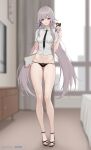  1girl alternate_costume artist_name ass_visible_through_thighs bare_legs black_necktie black_panties black_shirt breasts caelus_(honkai:_star_rail) cellphone clipboard closed_mouth collared_shirt commentary full_body hair_rings hashtag-only_commentary herta_(honkai:_star_rail) highres holding holding_clipboard holding_phone honkai:_star_rail honkai_(series) indoors legs long_hair long_legs looking_at_viewer medium_breasts nail_polish necktie paid_reward_available panties phone purple_eyes shirt shirt_tucked_in short_sleeves single_hair_ring smartphone smile solo standing the_herta_(honkai:_star_rail) toenail_polish toenails toes trailblazer_(honkai:_star_rail) underwear very_long_hair white_shirt yunkaiming 