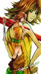  1girl boots brown_hair closed_mouth dress final_fantasy final_fantasy_viii flipped_hair full_body gogo_(pixiv47445) green_eyes highres looking_at_viewer selphie_tilmitt short_hair simple_background skirt smile solo white_background yellow_dress 