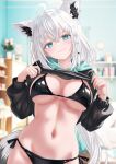  1girl :3 absurdres ahoge animal_ear_fluff animal_ears aqua_nails bikini black_bikini black_hoodie blue_eyes blurry blurry_background braid breasts breasts_apart closed_mouth clothes_lift commentary_request cowboy_shot drawstring fox_ears hands_up head_tilt highres hololive hood hood_down hoodie hoodie_lift large_breasts lifting_own_clothes long_hair long_sleeves looking_at_viewer nail_polish navel no_pants shiny_swimsuit shirakami_fubuki side-tie_bikini_bottom smile solo stomach string_bikini swimsuit very_long_hair virtual_youtuber wakaunderblade7 white_hair 