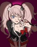  1girl :p bear_hair_ornament black_shirt blonde_hair blue_eyes bow breasts cleavage collarbone cowboy_shot danganronpa:_trigger_happy_havoc danganronpa_(series) enoshima_junko hair_ornament hand_up highres large_breasts long_hair looking_at_viewer nail_polish necktie one_eye_closed red_bow red_nails sa_(3_tyo_3) shirt skirt smile solo tongue tongue_out twintails v 