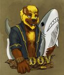 2013 anthro bear black_nose blonde_hair body_hair brown_body brown_fur chest_hair chumbasket clothed clothing dated front_view fur glistening glistening_eyes green_eyes hair hi_res holding_object holding_plushie male male_anthro mammal mustelid open_clothing open_topwear otter plushie short_hair simple_background smile solo topwear