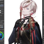  art_program_in_frame blue_eyes chest_jewel earrings eyeshadow eyeshadow_under_eye fate/grand_order fate_(series) gradient_hair hair_ornament jewelry karna_(fate) karna_(fgo_fes._2025)_(fate) looking_at_viewer makeup medium_hair multicolored_hair multiple_earrings pale_skin potato_goril red_eyeshadow red_hair simple_background smile upper_body white_background white_hair 