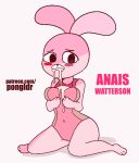  anais_watterson anthro blush breasts cartoon_network clothing cum drooling female fur lagomorph mammal pink_fur pongldr rabbit saliva simple_background solo swimsuit the_amazing_world_of_gumball thick_thighs 