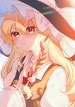  2girls absurdres black_vest blonde_hair blush bow braid closed_mouth collared_shirt commentary female_pov hair_bow hakurei_reimu hand_in_another&#039;s_hair hat hat_bow highres kirisame_marisa long_hair multiple_girls pov pov_hands red_bow ribbon-trimmed_sleeves ribbon_trim shirt side_braid single_braid solo_focus touhou vest white_bow witch_hat yellow_eyes yomogi_9392 yuri 