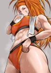  1girl abs absurdres bandaid bandaid_on_cheek bandaid_on_face captain_mizuki earrings from_below high_ponytail highres jewelry kalennoir looking_at_viewer muscular muscular_female one-punch_man orange_hair orange_sports_bra ponytail purple_eyes solo sports_bikini sports_bra sweat thighs towel towel_on_one_shoulder 