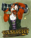 2013 4:5 absurd_res anthro armpit_hair body_hair brown_nose canid canine chumbasket clothed clothing dated front_view fur gaslight green_eyes grin half-length_portrait hi_res holding_cannon looking_at_viewer male male_anthro mammal narrowed_eyes orange_body orange_fur portrait simple_background smile solo whiskers white_body white_fur