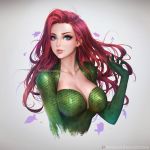  aqua_eyes artist_name breasts cleavage collarbone commentary dc_comics earrings eyebrows grey_background jewelry large_breasts lips long_hair looking_at_viewer mera_(dc) nudtawut_thongmai parted_lips red_hair solo upper_body 