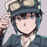  1girl :/ black_hair closed_mouth collared_shirt commentary_request fur_hat goggles goggles_on_headwear grey_background grey_eyes grey_jacket hand_on_headwear hat highres jacket kino_(kino_no_tabi) kino_no_tabi kokuya_(kokuya28) looking_at_viewer peaked_cap shirt simple_background solo upper_body v-shaped_eyebrows white_hat white_shirt 
