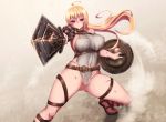  ahoge akina_t armor belt blonde_hair blush breasts bruise commentary_request highres injury large_breasts long_hair original red_eyes revealing_clothes shield sword torn_clothes weapon 